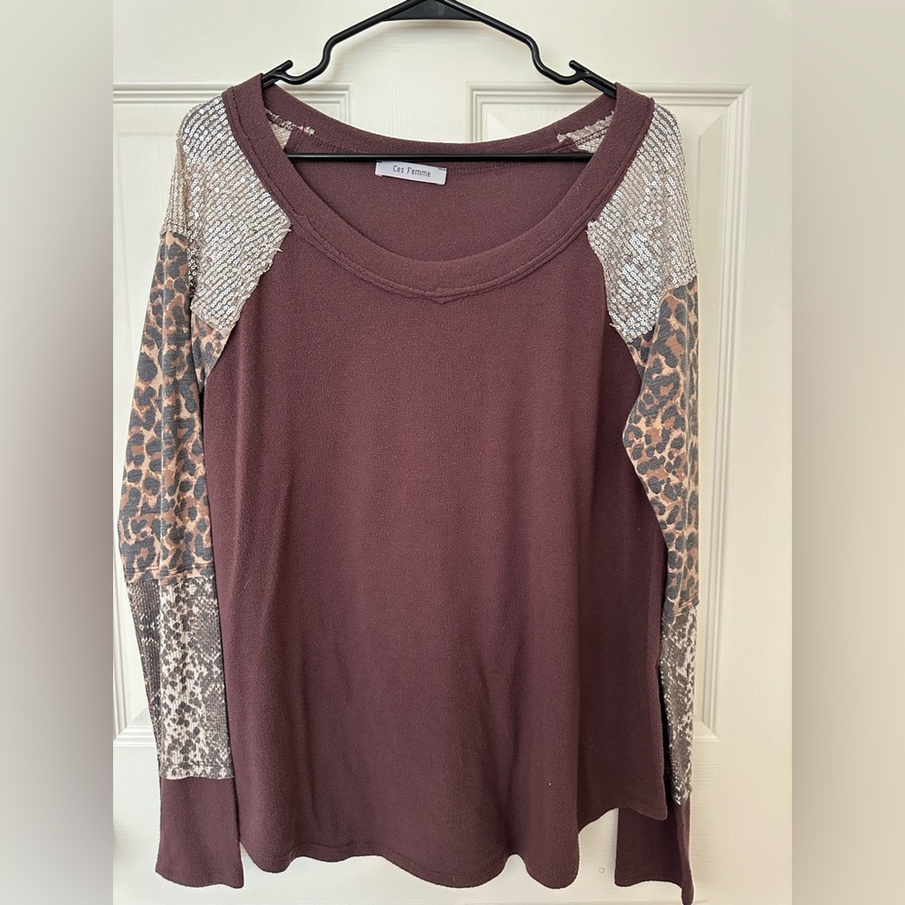 Ces Femme Purple Top Size Large Patchwork Animal Print  Arms With Sequins